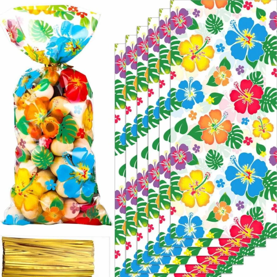 Frienda 100-Pack Hibiscus Print Cellophane Bags for Luau Party Favors, Hawaiian Theme Decorations, Candy Treat Bags, Summer Tiki Party Supplies