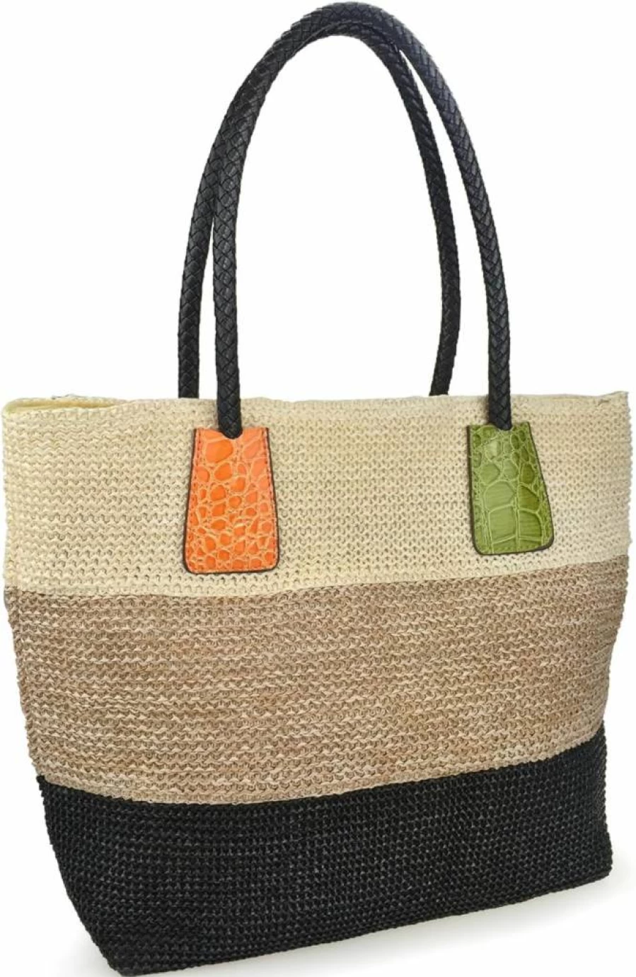 HOXIS Women's Stylish Color Block Crocodile Pattern Straw Tote Bag - Striped Woven Synthetic Shoulder Handbag #Lovewin Collection