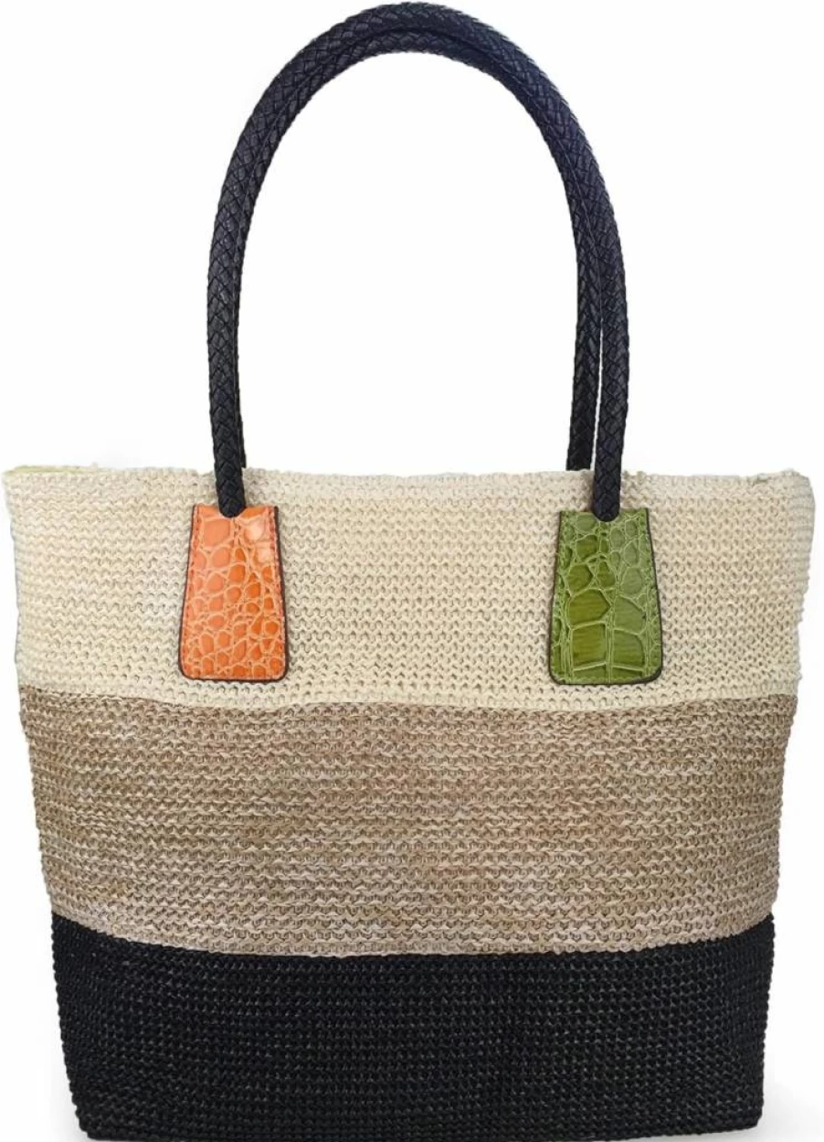 HOXIS Women's Stylish Color Block Crocodile Pattern Straw Tote Bag - Striped Woven Synthetic Shoulder Handbag #Lovewin Collection