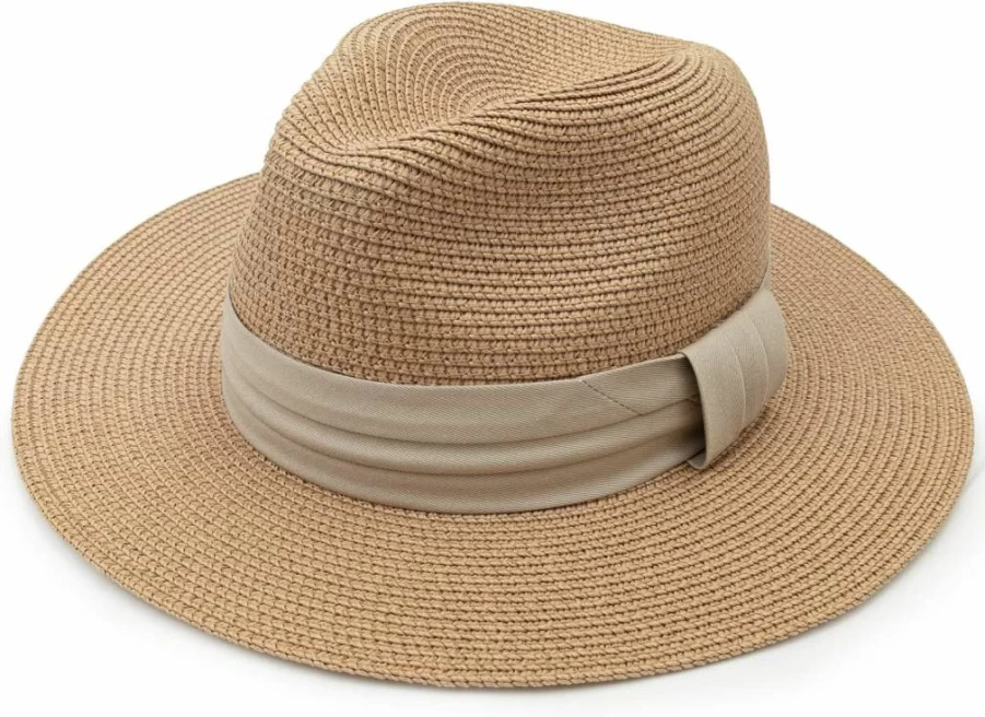 DRESHOW Women's UPF 50+ Wide Brim Straw Panama Hat Roll-Up Fedora for Beach Travel Summer Sun Protection