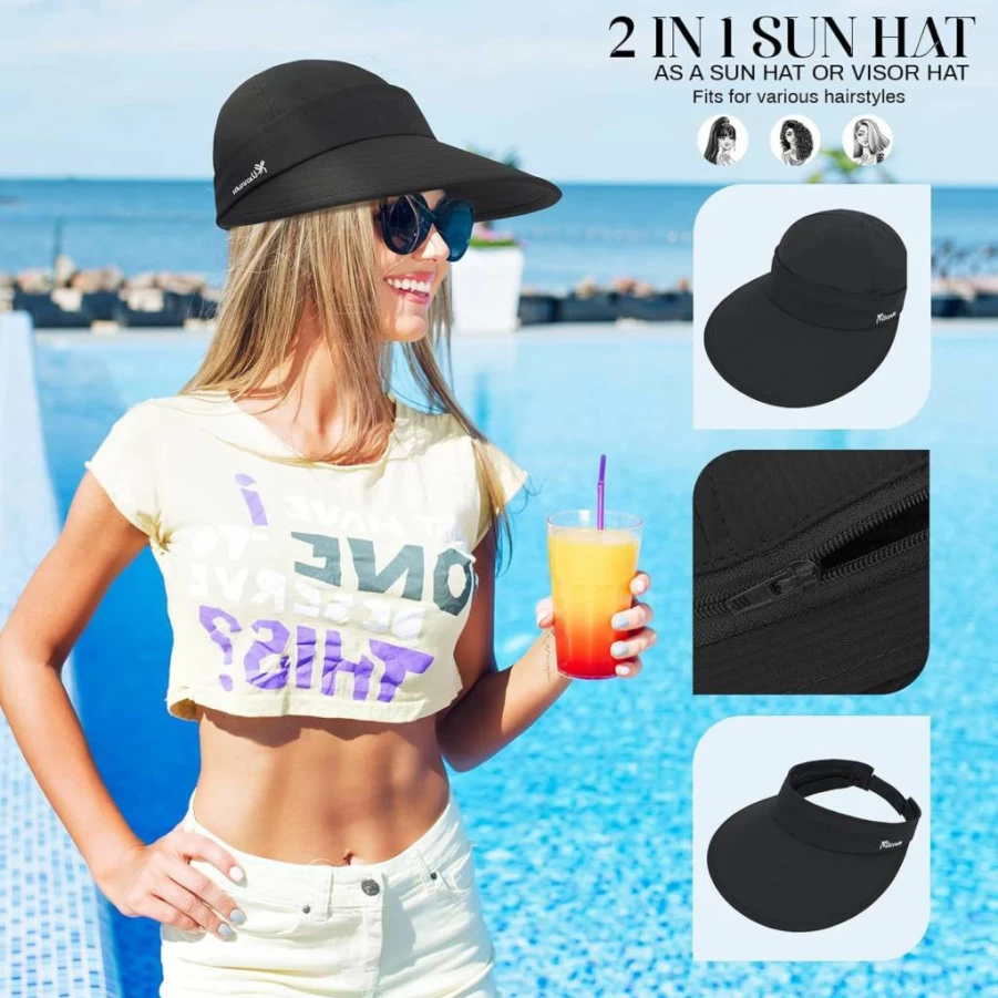 American Trends Women's 2-in-1 Packable Sun Hat with UV Protection & Detachable Visor for Beach, Golf, and Summer Outdoor Activities