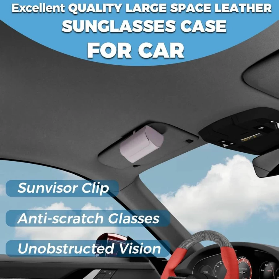 ROSON Leather Car Visor Sunglasses Holder - Universal Vehicle Eyeglass Organizer, Handmade Protective Storage Box for Men & Women (Black)