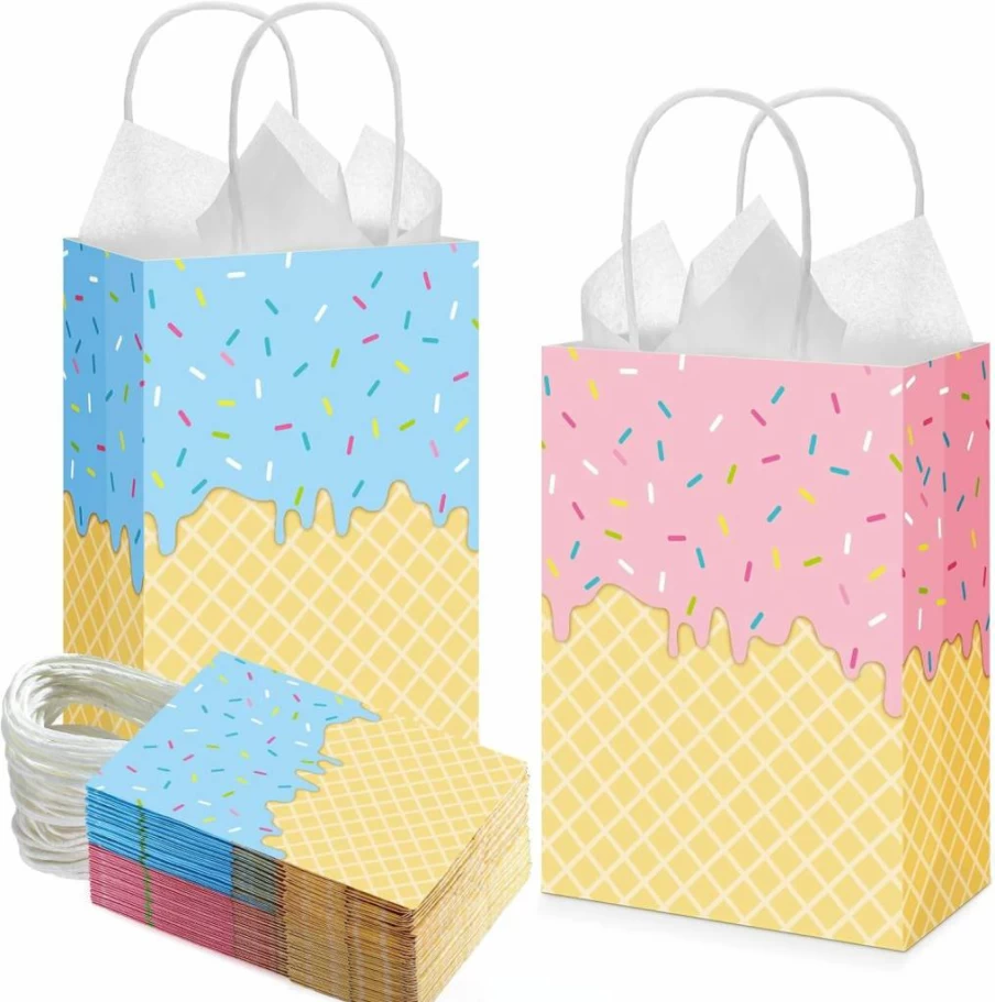 ReliThick 30 Pack Ice Cream Themed Gift Bags with Handles - Summer Party Favors, Birthday Decor, Baby Shower Supplies - Kraft Paper Goodie Bags for Candy & Treats