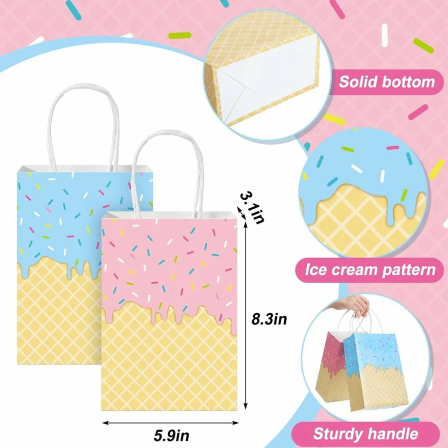 ReliThick 30 Pack Ice Cream Themed Gift Bags with Handles - Summer Party Favors, Birthday Decor, Baby Shower Supplies - Kraft Paper Goodie Bags for Candy & Treats