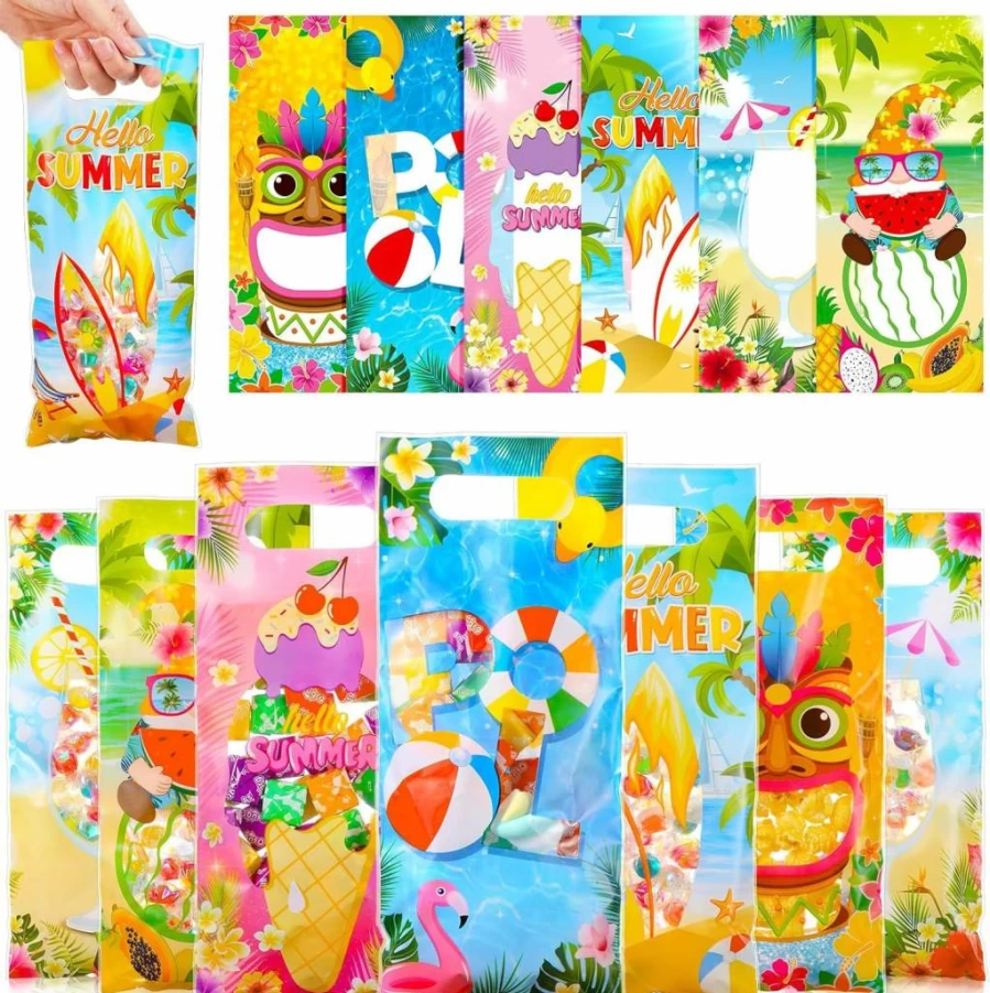 Pasimy 60 Pcs Hawaiian Party Favor Bags - Tropical Beach Themed Treat Bags with Handles for Luau, Birthday, Pool Party - 6 Vibrant Designs - Bulk Candy & Snack Bags