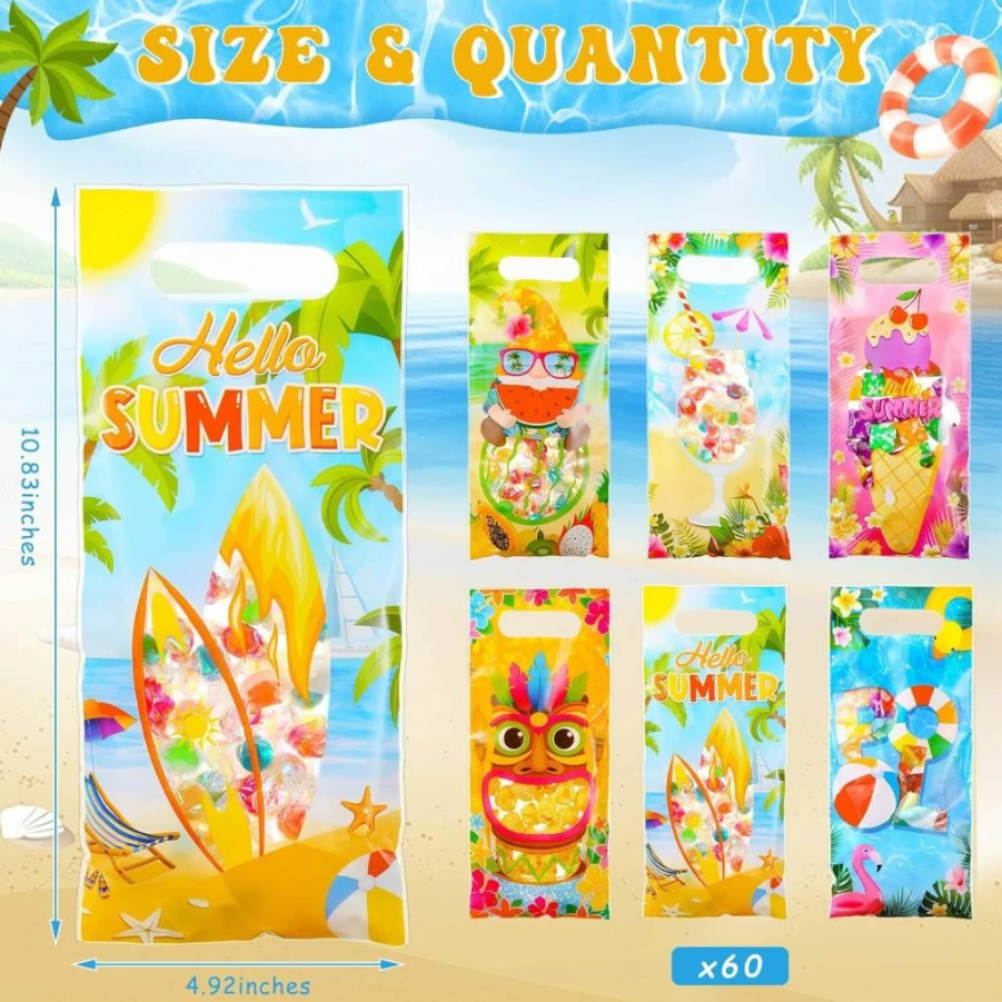Pasimy 60 Pcs Hawaiian Party Favor Bags - Tropical Beach Themed Treat Bags with Handles for Luau, Birthday, Pool Party - 6 Vibrant Designs - Bulk Candy & Snack Bags