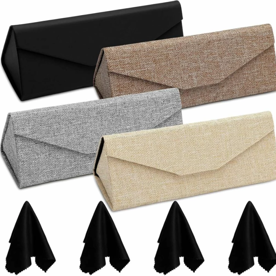 Flutesan 4 Pack Hard Shell Sunglasses Case - Foldable Leather Eyeglasses Holder with 4 Microfiber Cleaning Cloths