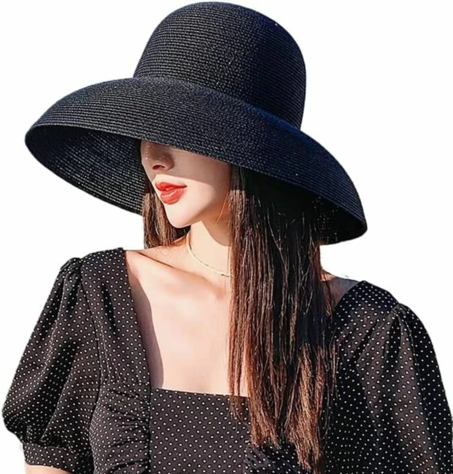 FAYTEK Women's Vintage Bell-Shaped Straw Sun Hat - Wide Brim UV Protection Beach Cap for Summer Travel, Black