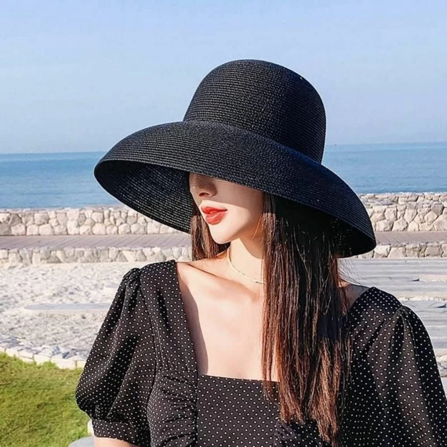 FAYTEK Women's Vintage Bell-Shaped Straw Sun Hat - Wide Brim UV Protection Beach Cap for Summer Travel, Black