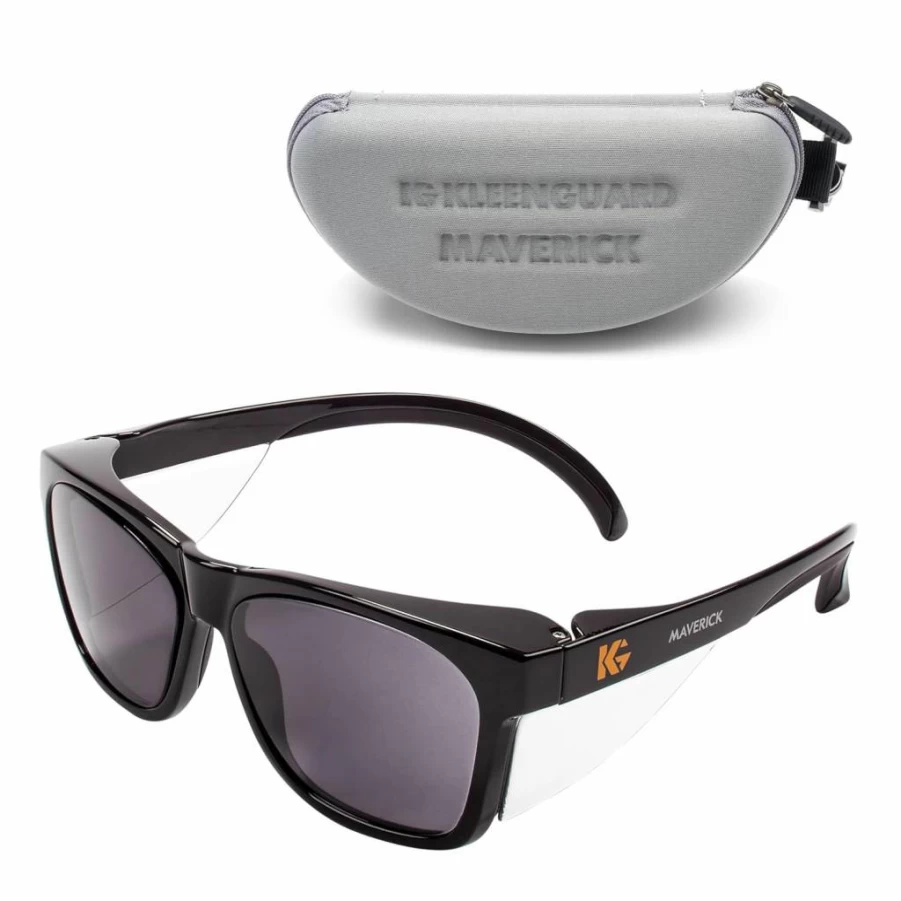KLEENGUARD V30 Maverick Safety Glasses - Anti-Fog Smoke Lenses, Black Frame with Carrying Case, Unisex Protective Eyewear for Men & Women