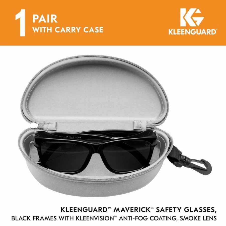 KLEENGUARD V30 Maverick Safety Glasses - Anti-Fog Smoke Lenses, Black Frame with Carrying Case, Unisex Protective Eyewear for Men & Women