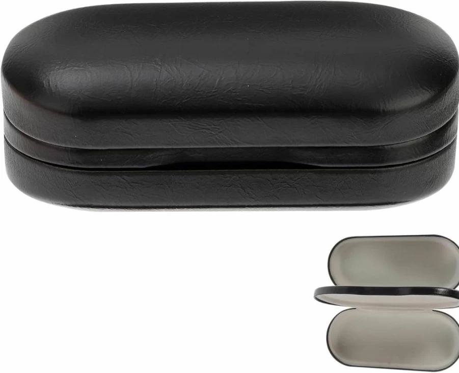 AOKWAWALIY Leather Eyeglass Case for Men & Women - Double Compartment Portable Sunglasses Holder Box - Compact Glasses Organizer (Fits Regular Size Frames)