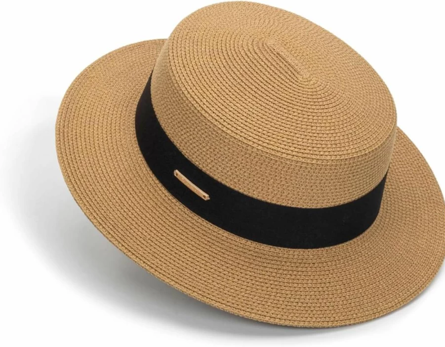 HinyBoeh Women's Straw Sun Hat Wide Brim UV Protection Summer Beach Fedora Panama Hat for Women (M-L)