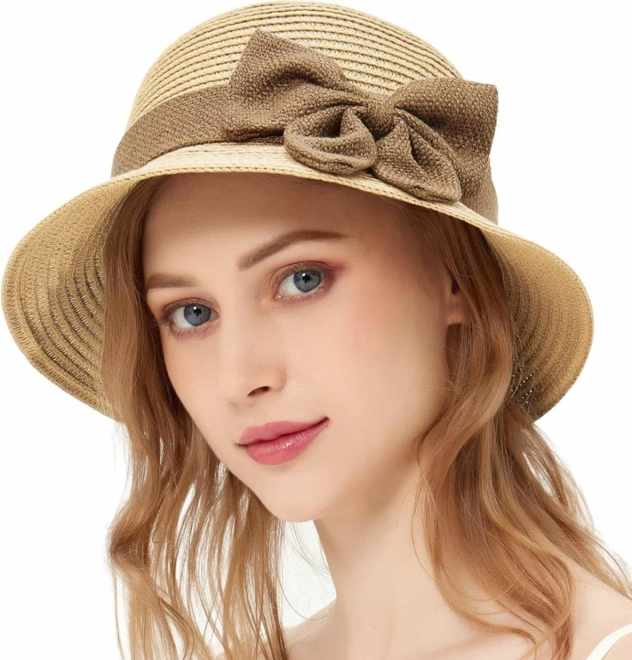 POUDAY Women's Vintage 1920s Cloche Sun Hat - Foldable Straw Summer Hat for Beach, Vacation, and Outdoor Activities