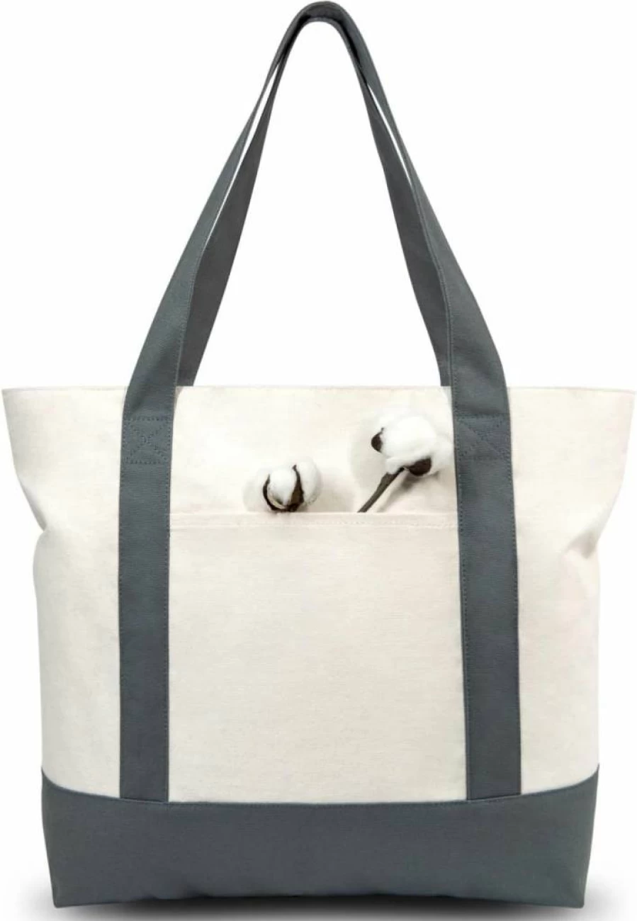 TOPDesign Reusable Canvas Tote Bag with Zipper Closure & External Pocket - Eco-Friendly Grocery Shopping Bag (Black/Natural, Pack of 1, 3, 6, 30)