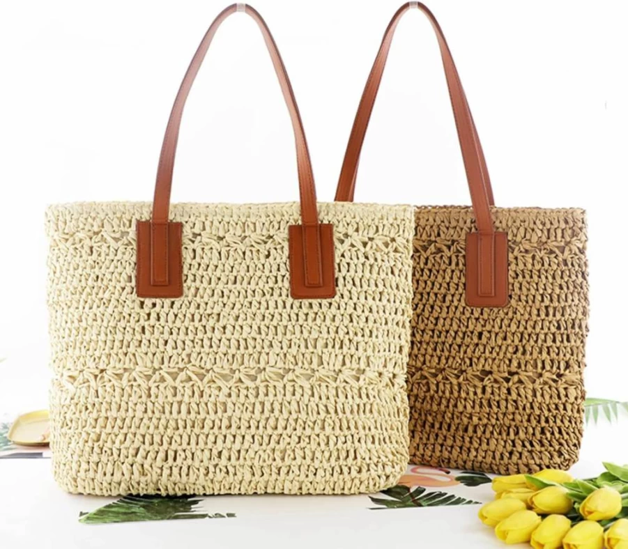 Tellrain Straw Tote Bag for Women - Handmade Woven Beach Bag, Bohemian Summer Shoulder Bag, Crochet Purse for Travel, Carteras De Mujer, Structured Pom Decor