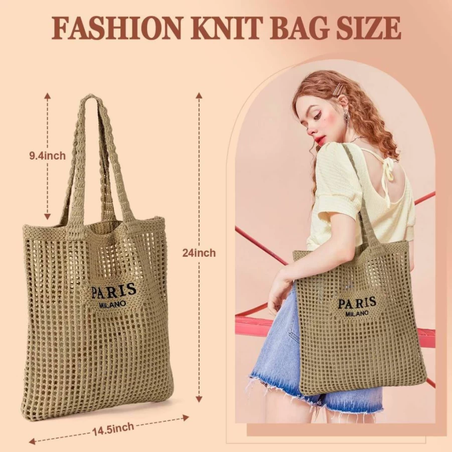 Ayieyill Boho Crochet Tote Bag for Women - Handmade Mesh Beach Bag Summer Aesthetic Knit Purse for Vacation