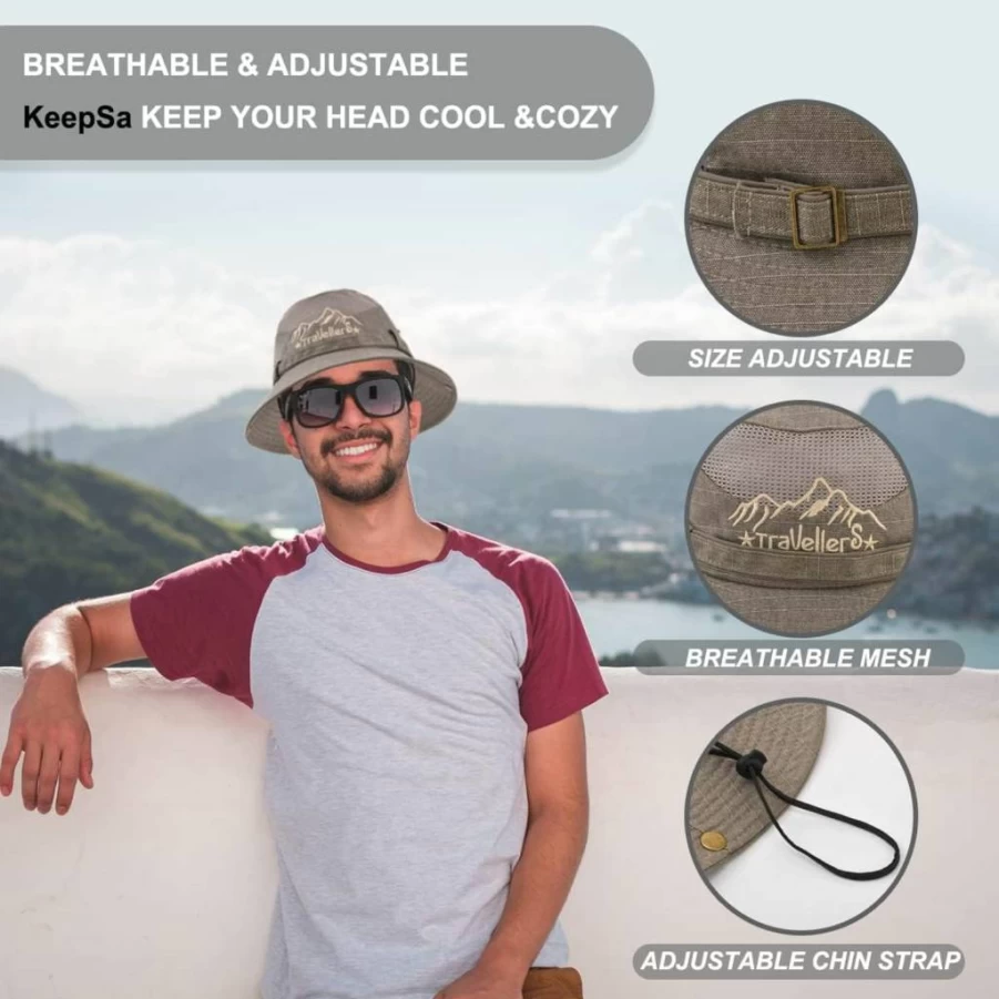 KeepSa Men's Cotton Wide Brim Sun Hat - UPF 50+ Safari Boonie Hat for Summer, Outdoor Sun Protection, Foldable & Breathable Bucket Hat with Embroidery