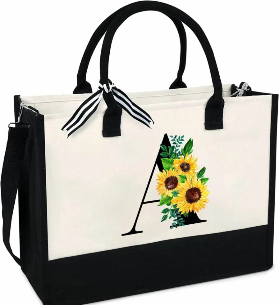 LIYACHAO Monogrammed Sunflower Tote Bag for Women - 13Oz Canvas Zipper Pocket Handbag - Personalized Birthday Christmas Teacher Gift