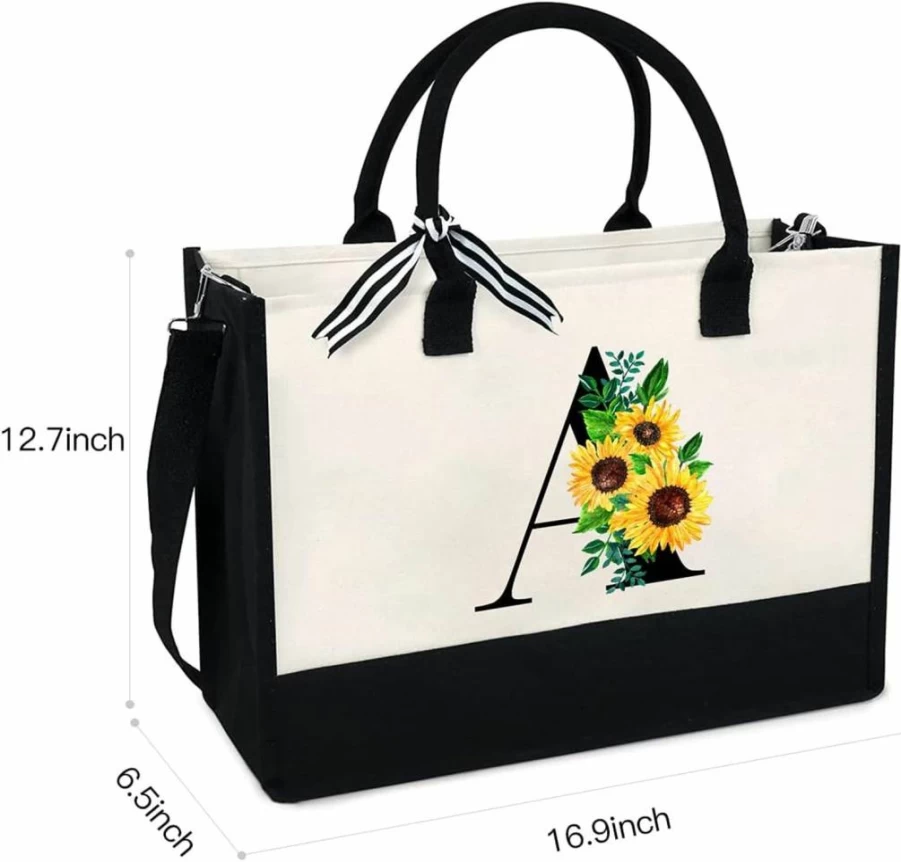 LIYACHAO Monogrammed Sunflower Tote Bag for Women - 13Oz Canvas Zipper Pocket Handbag - Personalized Birthday Christmas Teacher Gift