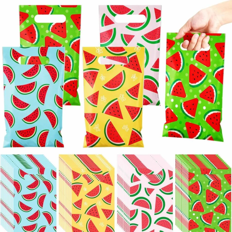 Reallnaive 48-Pack Watermelon Printed Party Favor Bags with Handles, 9.8" x 6.3" Summer Goodie Treat Bags for Birthday, Baby Shower & Picnic Supplies
