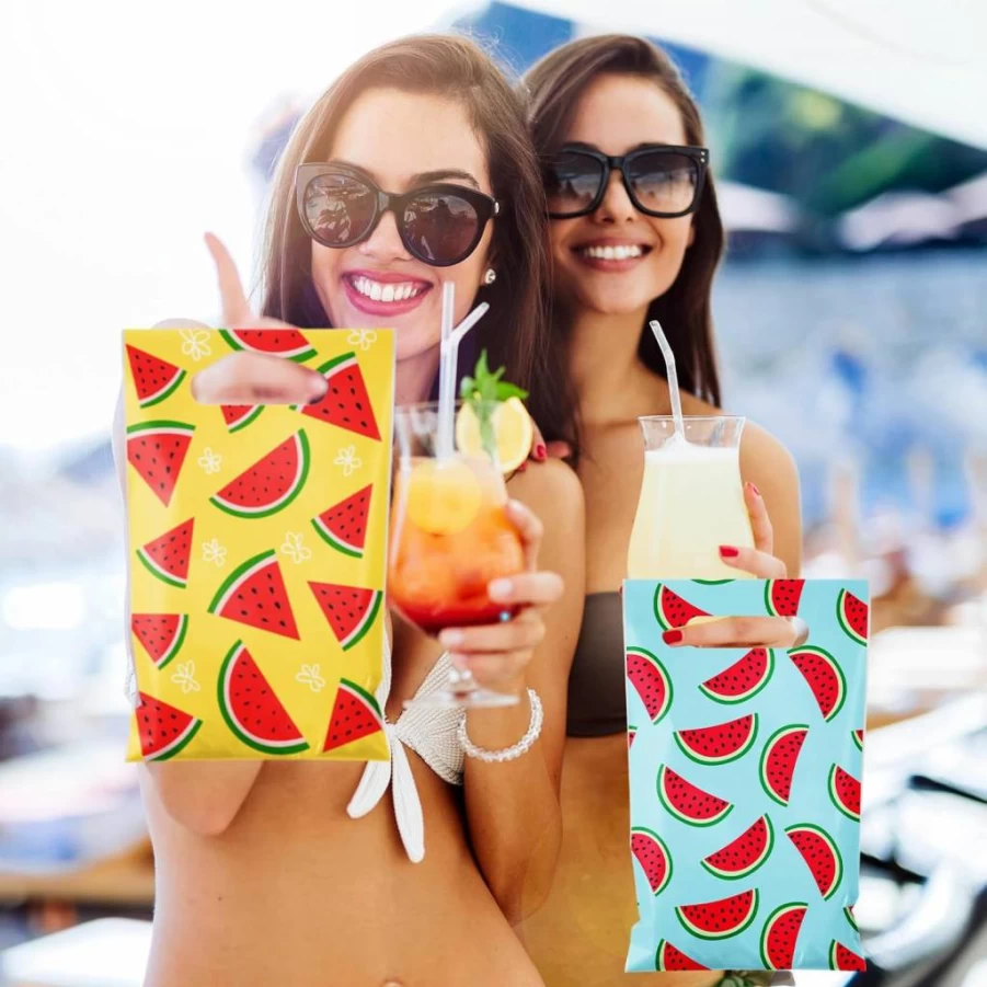 Reallnaive 48-Pack Watermelon Printed Party Favor Bags with Handles, 9.8" x 6.3" Summer Goodie Treat Bags for Birthday, Baby Shower & Picnic Supplies