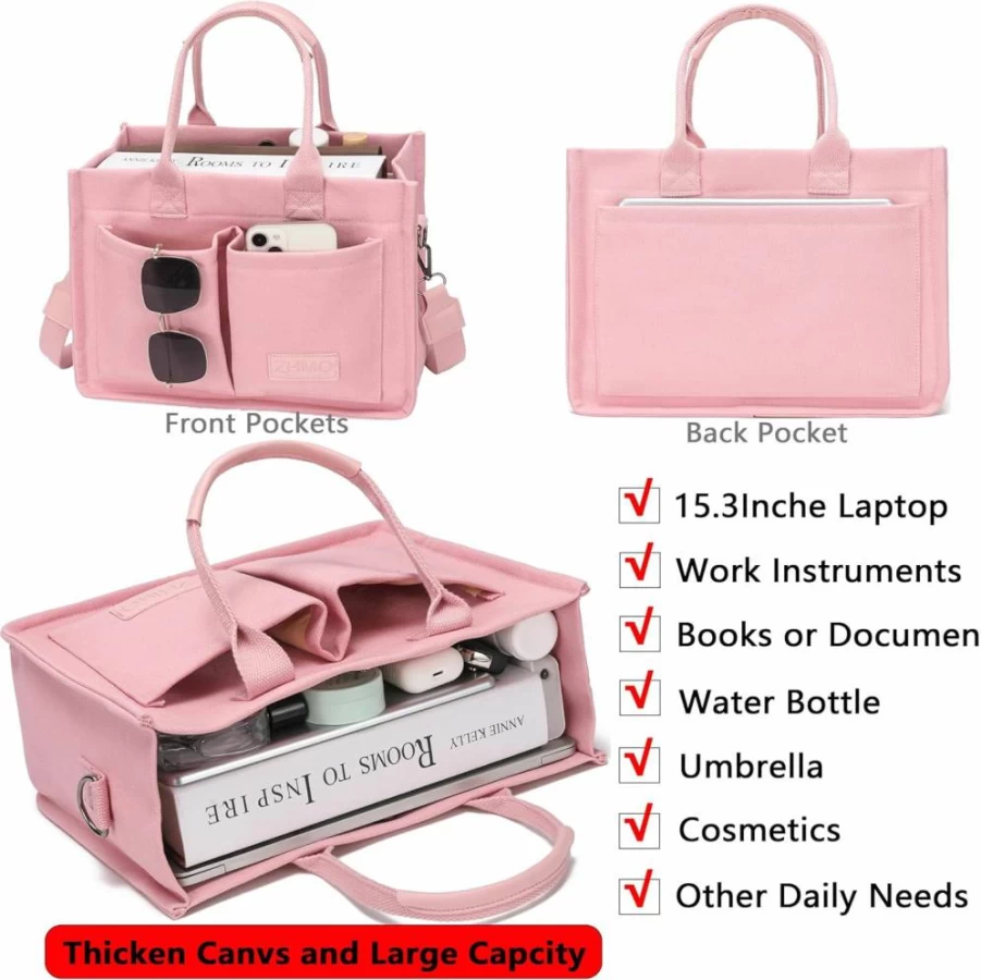 ZHMO Large Canvas Tote Bag for Women with Multiple Compartments - Stylish Crossbody Work Laptop Bag, Spacious Book Satchel & Everyday Handbag Purse