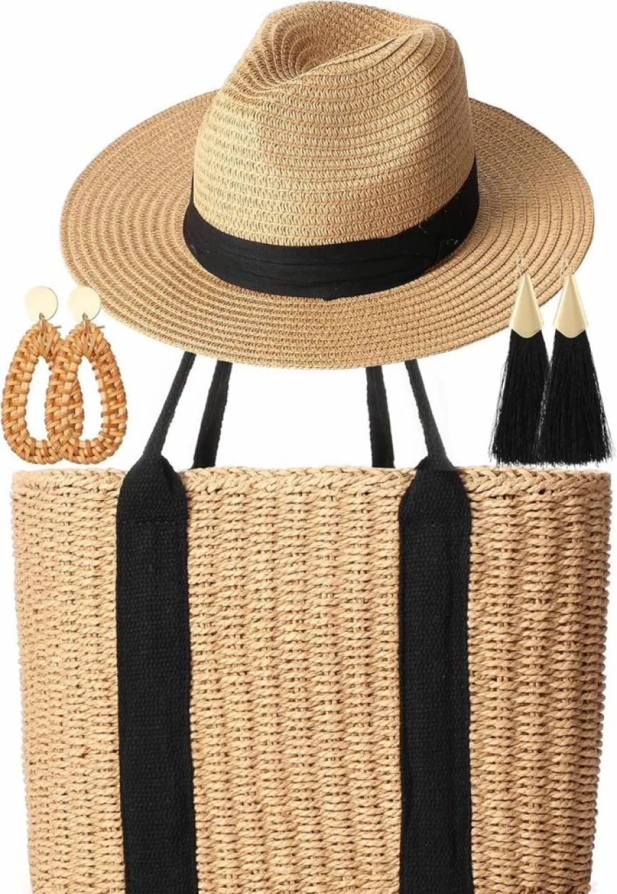 Glitopper 4-Piece Boho Straw Bag Set with Woven Tote, Rattan Hat, and Tassel Earrings for Women – Summer Vacation Accessories