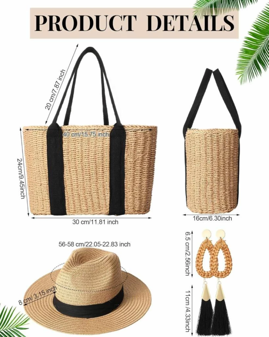 Glitopper 4-Piece Boho Straw Bag Set with Woven Tote, Rattan Hat, and Tassel Earrings for Women – Summer Vacation Accessories