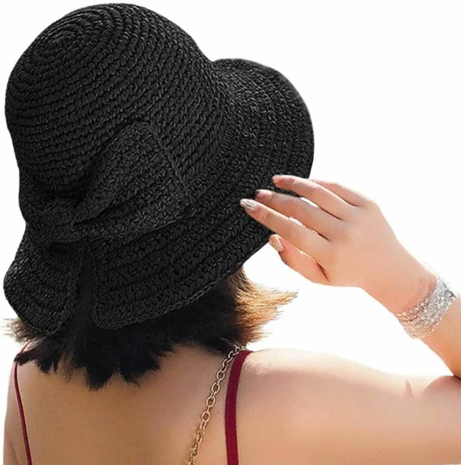 Bseash Women's Foldable Wide Brim Sun Hat with Adjustable Strap & Bowknot - Summer Floppy Beach Hat for Women & Girls