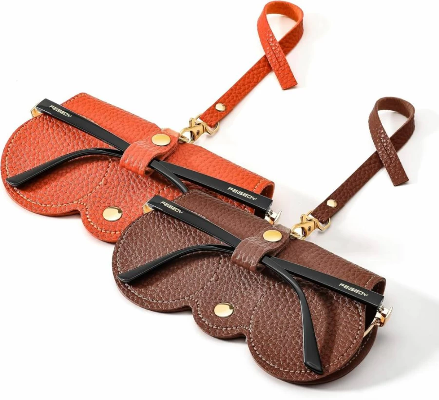 FEISEDY 2-Pack Soft Leather Glasses Case with Wrist Strap - Portable Eyeglass Holder Pouch for Sunglasses & Reading Glasses - Secure Button Clip Design
