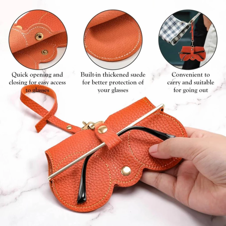 FEISEDY 2-Pack Soft Leather Glasses Case with Wrist Strap - Portable Eyeglass Holder Pouch for Sunglasses & Reading Glasses - Secure Button Clip Design