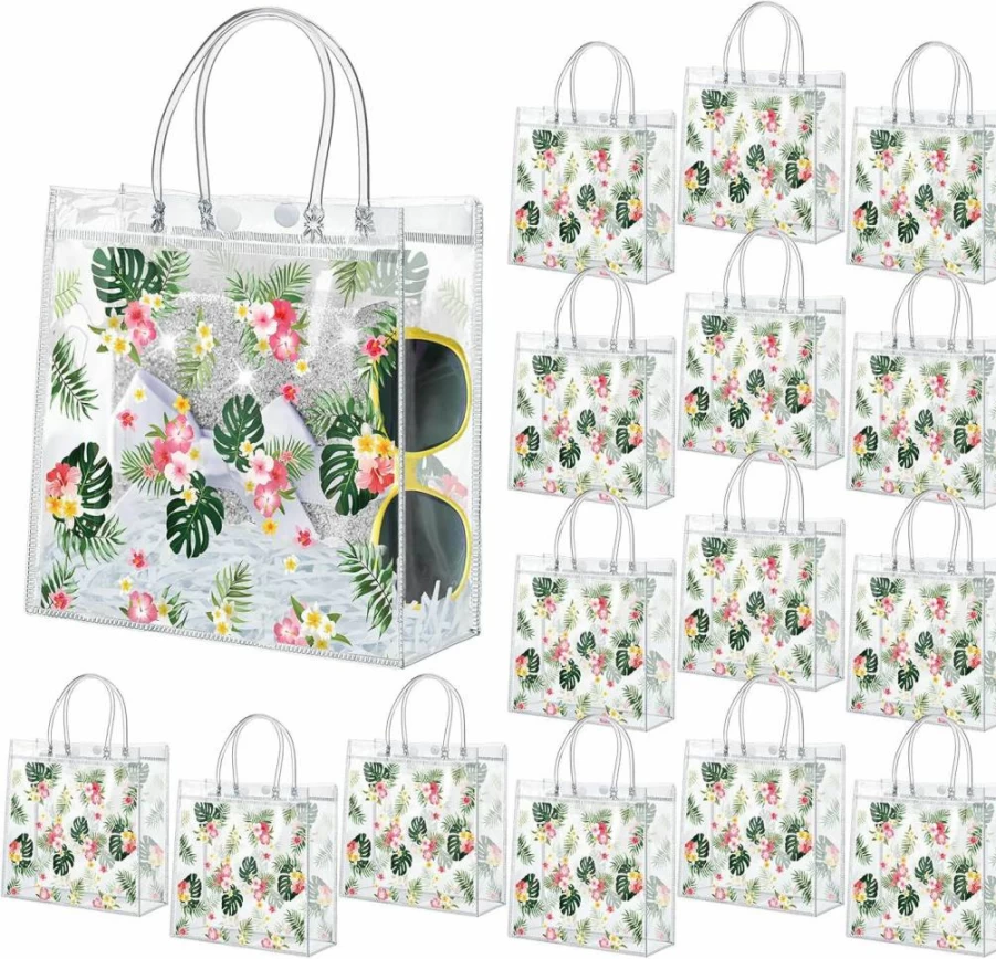 Engrowtic 24 Pack Hawaiian Themed Clear PVC Gift Bags with Handles - 8x8x3.15 Inch Tropical Luau Party Favor Totes for Summer, Birthday, Aloha Beach Events