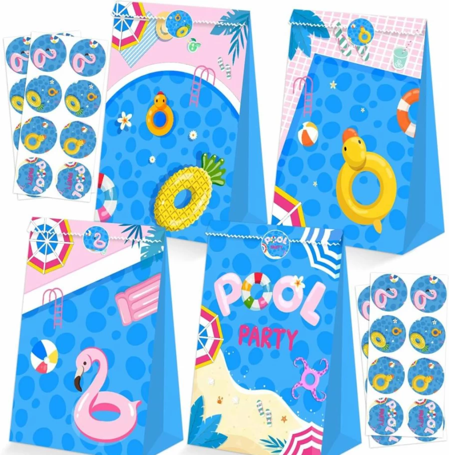 24Pcs BQC Summer Pool Party Favor Bags - Waterproof Beach Birthday Goodie Bags for Kids, Party Favors Supplies