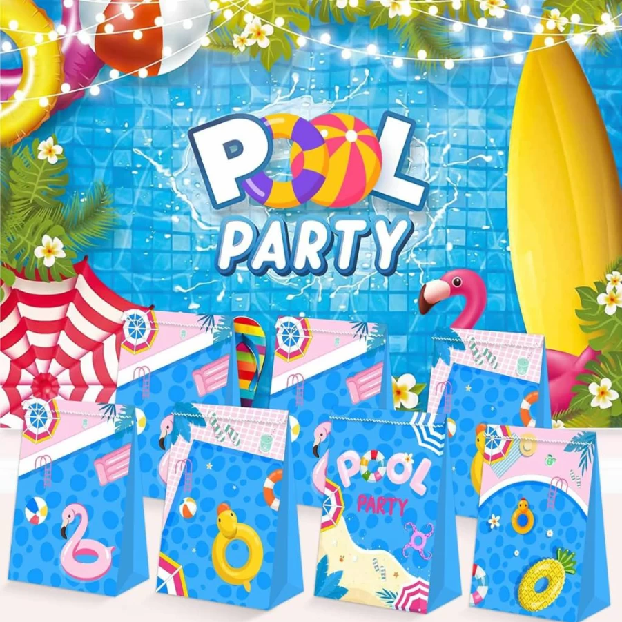 24Pcs BQC Summer Pool Party Favor Bags - Waterproof Beach Birthday Goodie Bags for Kids, Party Favors Supplies