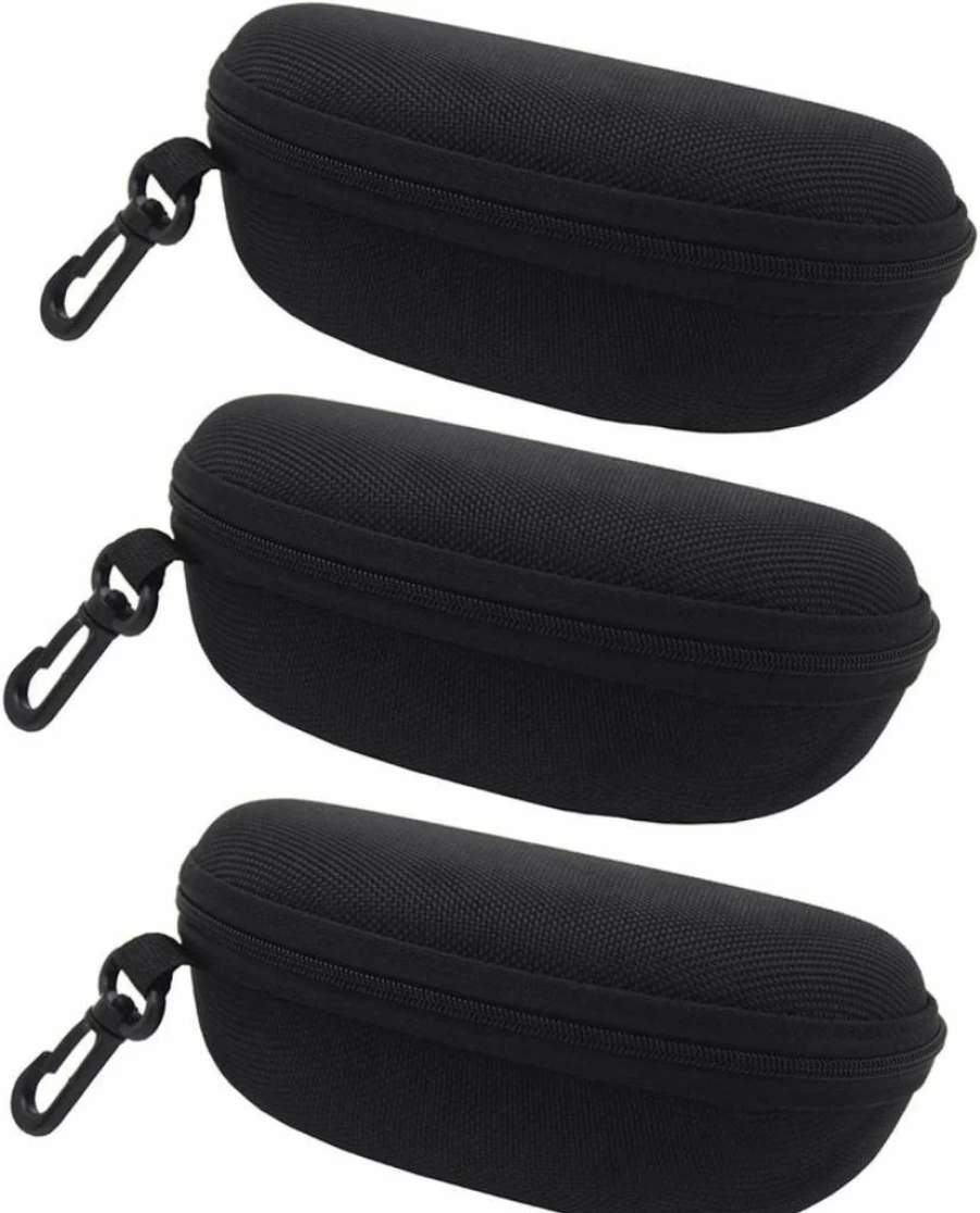 TraderPlus 3 Pack Black Hardshell Zippered Sunglasses Case with Hook for Men & Women - Durable Eyeglasses Storage Box
