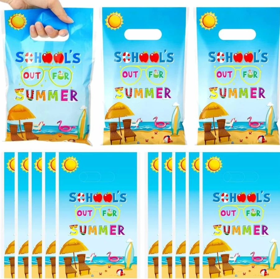 Spakon 100-Pack Blue Summer Party Favor Bags with Handles, 9.84"x6.5" Last Day of School Goodie Bags for Candy, Treats & Vacation Celebrations