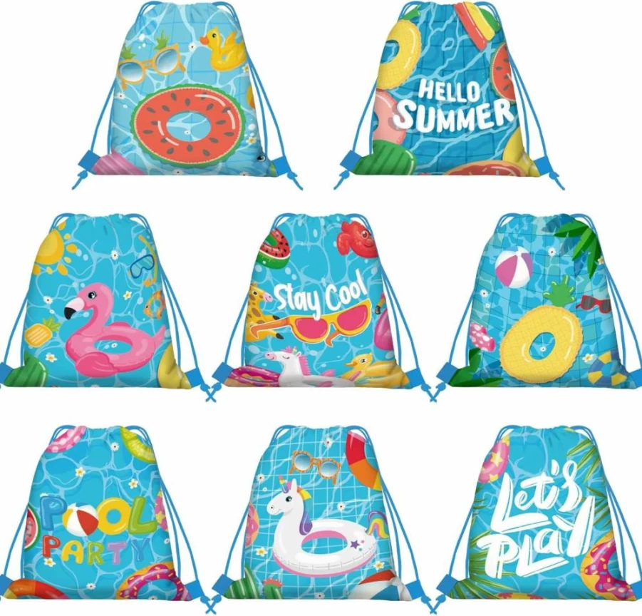 16 Pcs KERINGO Pool Party Favor Bags - Tropical Shark Theme Drawstring Backpacks for Beach, Summer & Goodie Gifts (Waterproof Party Supplies)
