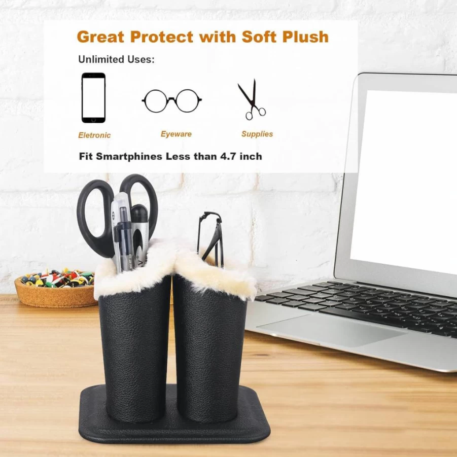 Siveit PU Leather Eyeglass Holder Stand - 2 Pack Black Eyewear Storage with Soft Plush Lining (2 Slots per Holder)