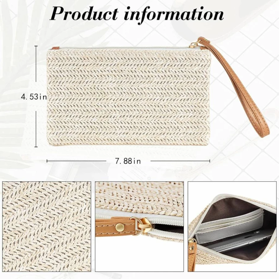 Frienda Women's Bohemian Straw Clutch Purse - Summer Beach Handbag with Wristlet in Beige & White, Beige & Yellow Colors