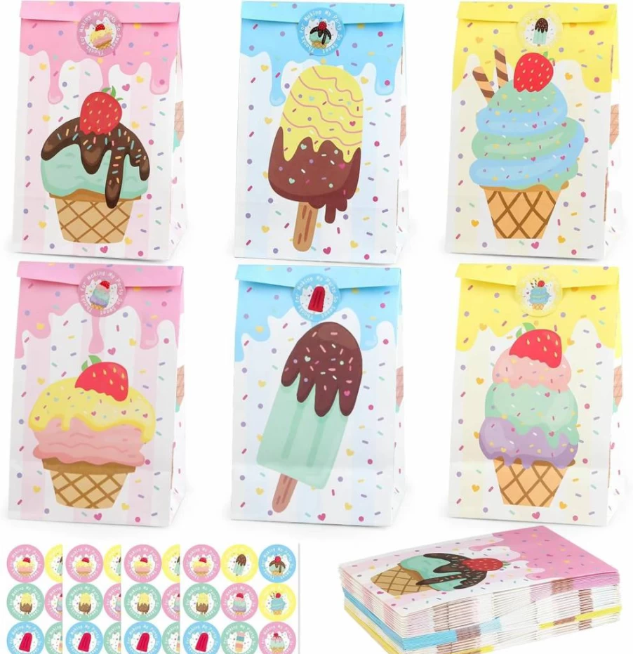 HEJIN 30 Pcs Ice Cream Party Favor Bags with 36 Stickers, Summer Birthday Party Supplies for Kids, Baby Showers, Halloween, Wedding Decorations