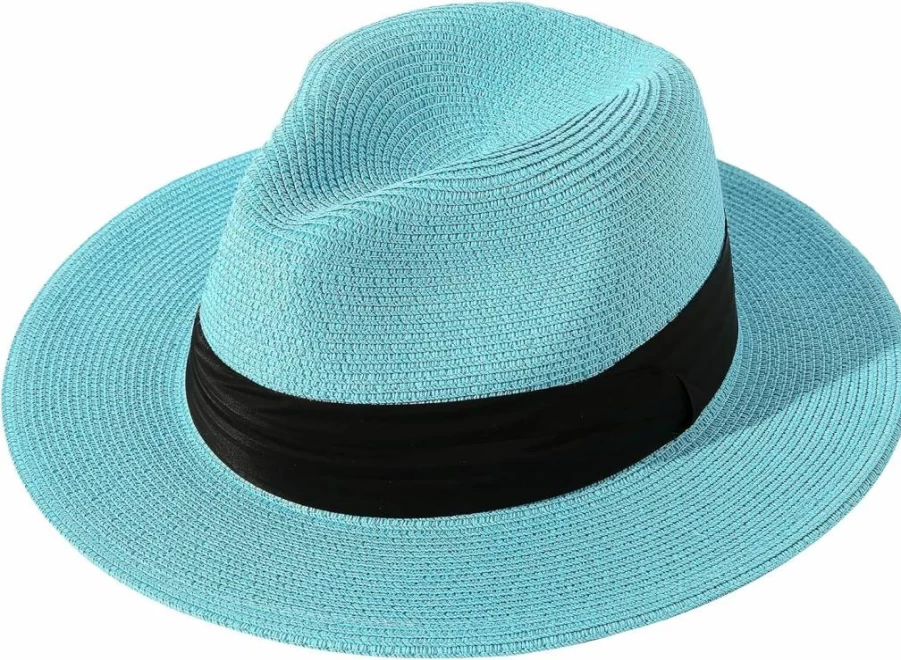 Lanzom Women's UPF50+ Wide Brim Rollable Panama Fedora Hat for Beach Sun Protection