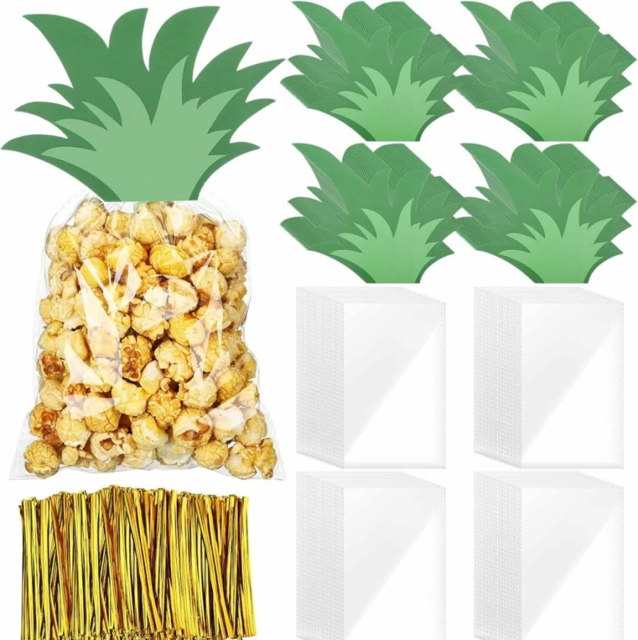 Yexiya 100-Pack Pineapple Treat Bags for Parties - Hawaiian Luau Themed Cellophane Candy Bags with Twist Ties & Cards - Summer Holiday Favors for Kids Adults