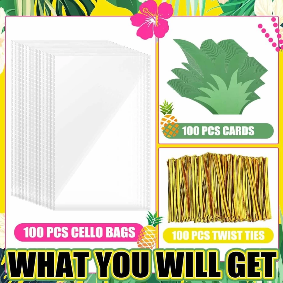 Yexiya 100-Pack Pineapple Treat Bags for Parties - Hawaiian Luau Themed Cellophane Candy Bags with Twist Ties & Cards - Summer Holiday Favors for Kids Adults