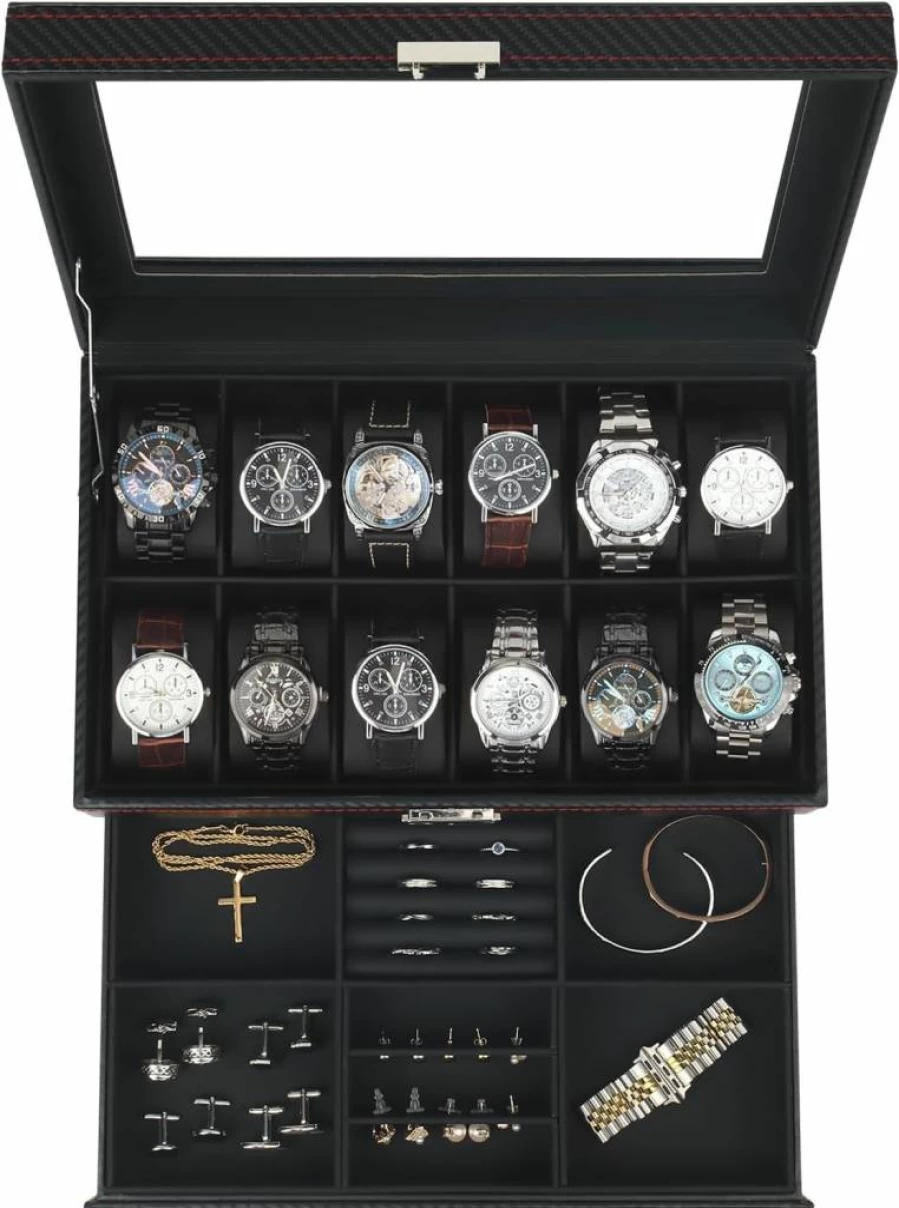 Kukikan 6-Slot Luxury Watch Box with Glass Lid, 2-Layer Jewelry Organizer & Sunglasses Storage, Secure Lock Display Case - Perfect Gift for Men & Women