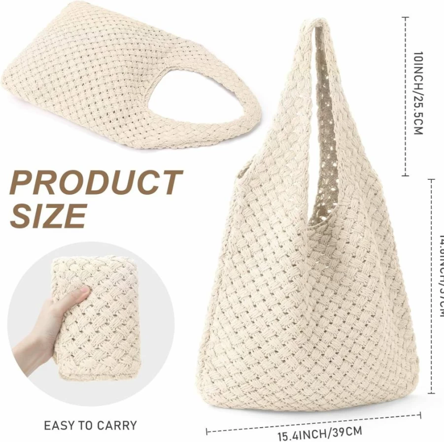 HATISAN Crochet Beach Tote Bag for Women - Bohemian Summer Knit Purse, Hippie Aesthetic Handbag
