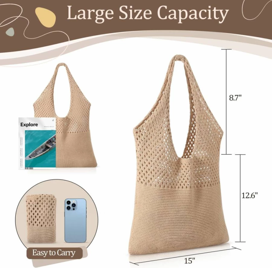 Premillow Crochet Beach Tote Bag for Women - Stylish Mesh Summer Shoulder Bag, Boho Vacation Beach Bag