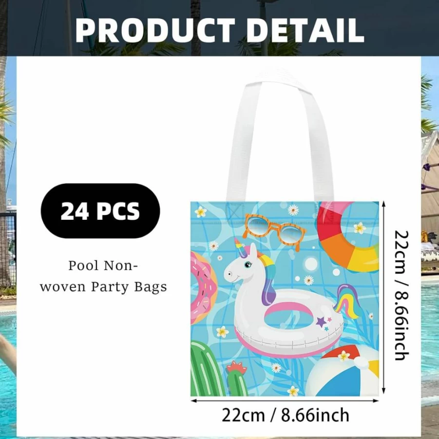KERINGO 24-Pack Summer Pool Party Favor Bags - Reusable Non-Woven Beach Gift Bags with Handles for Swimming Theme Party Supplies