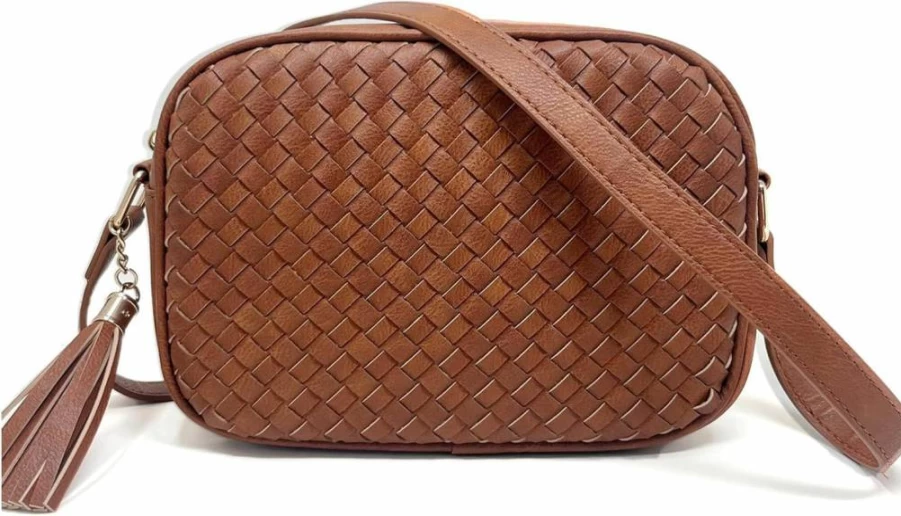 AFKOMST Women's Boho Leather Crossbody Bag with Tassels - Small Woven Handbag for Summer