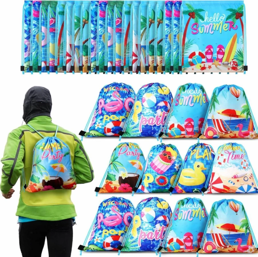 Hosuly 24 Pack Summer Pool Party Favor Bags - Waterproof Drawstring Beach Backpacks for Candy, Treats, Hawaiian Luau, Birthday Goodie Bags, Shower Decorations